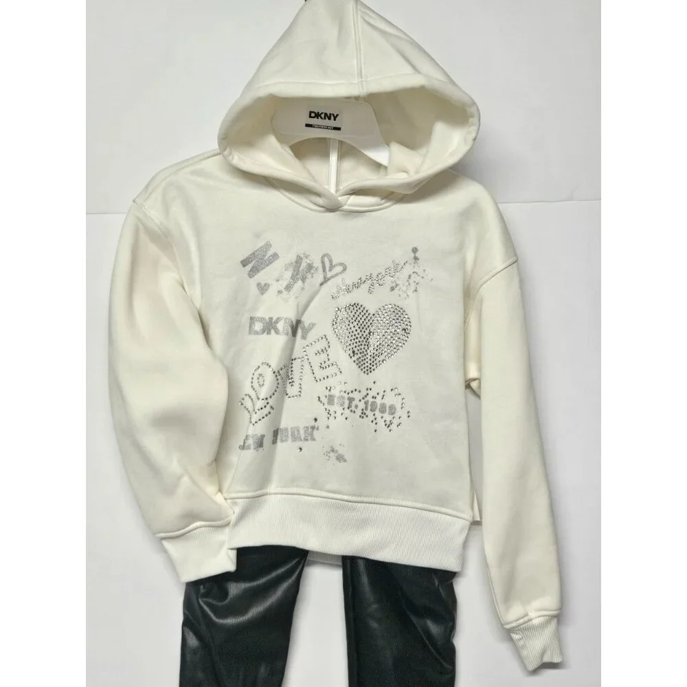 DKNY Girls Size 6 2 Pc‎ Outfit, Sparkling Stone Like Hoodie, Leather Like Pants